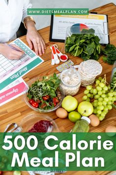 a person sitting at a table full of food with the words 500 calorie meal plan on it