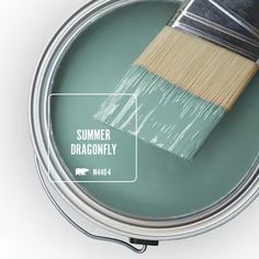 a paint can with a brush in it and the words summer dragonfly on it