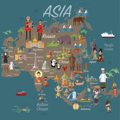 an illustrated map of asia with all the main countries and their major attractions in it