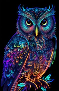 an owl sitting on top of a tree branch with colorful lights in its eyes and wings