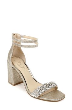 a women's high heeled sandal with ankle strap and jewel embellishment