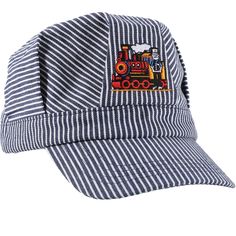 a blue and white striped hat with a train embroidered on the front, sitting on top of a white background