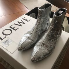 Totally Spaced Out! Loewe 2018 Revived The Gogo 60s. Jwandersons Fantastic Futurist Footwork. Silver Sequins Overall With Elastic Godet For Easy Slip On. Flat Ankle Boot. Nearly New. With Original Box And Dust Bags. Loewe Shoes, Ankle Boots Flat, Silver Sequin, Bootie, Chelsea Boots, Bootie Boots, Original Box, Ankle Boot, Sequin