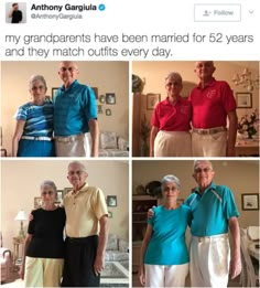 an old couple and two younger people are posing for pictures in their living room, with the caption'my grandparents have been married for 32 years and they