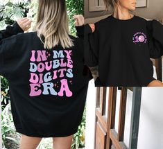 In My Double Digits Era Sweatshirt, Birthday Girl Shirt, 10 Years Old Birthday, Ten Birthday Sweater, 10th Birthday Gift, Gift For Girl 🌺How to Order, -Swipe to all of the pictures -Select Size and Color of the Product from drop down menus -Select Quantity -Add your chart and place order -For every single shirt you have to repeat every step 🌺Material Info -Ultra Soft -Sideseamed -Retail fit -Unisex Sizing -Shoulder taping 🌺Processing Time info -Standart process time 1-3 days, for the rush options please directly send me message via ETSY 🌺Shipping Info USA Orders -First Class 4-6 days -Priority mail 3-4 days (sometimes 4-5 days, especially during holiday season, Halloween-Christmas) -Priority EXPRESS mail 1-2 days Canada, Standard 7-21 Days Priority International Mail 6-10 days Internat 10 Years Old Birthday, Ten Birthday, Kid Birthday Outfits, Birthday Sweater, Tenth Birthday, Single Shirt, Birthday Girl Shirt, Birthday List, Girl Shirt