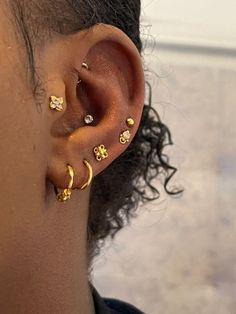 a close up of a person with ear piercings on their left and right sides