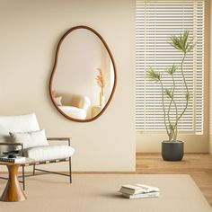 a living room with a chair, mirror and potted plant on the floor in front of it