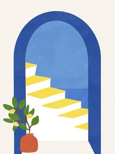 there is a potted plant in front of an arched doorway with steps leading to the ocean