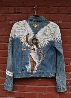 This custom hand painted jean jacket is one of twelve unique pieces representing the different zodiac signs portrayed by female warriors. This jacket is LIBRA, the balance (September 23 - October 23) The inspiration for the LIBRA women is Lady Justice and the Venus of Samothrace, her wings stretch out over the shoulders of the jacket and move with your arms. She carries the scales, symbol of LIBRA. This is 100% Hand painted clothing (not printed). The design consists of a hand painted illustrati Custom Jean Jacket Ideas, Hand Painted Jean Jacket, Greek Drawing, Customised Denim Jacket, Custom Jean, Custom Jean Jacket, Denim For Women, Female Warriors, Painted Clothes Diy