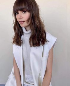 Emily In Paris Hair, Emily In Paris Lily Collins, British Celebrities, Woman Sweater, Turtleneck Sweaters, Hair Bangs, Ladies Turtleneck Sweaters