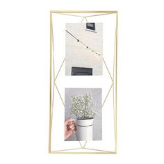 a white and gold geometric frame with photos, flowers and string lights on the wall