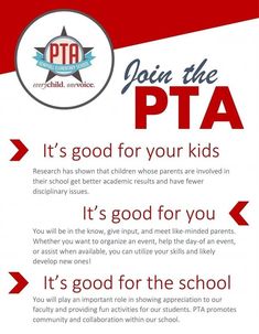 an advertisement for the pta's good for your kids program is shown in red, white and blue