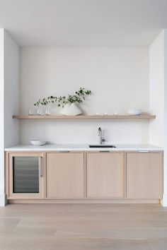 an empty kitchen with wooden cabinets and white walls, plants on the shelf above the sink