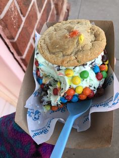 a cookie ice cream sandwich with m & m candies