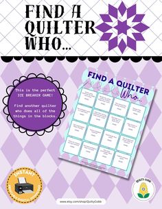 the find a quilter who game is shown with an image of a purple and white check