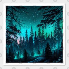 the night sky with stars and trees on it, as well as some green lights