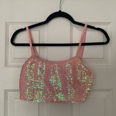 Nwt Sequin Bralette Light Pink Sequin, Matching Elastic Band In Back Spring Sequined Spaghetti Strap Crop Top, Summer Party Bra With Spaghetti Straps, Summer Party Tank Top, Bra-friendly, Summer Party Tank Top, Bra Friendly, Summer Party Tank Top Bra Friendly, Fitted Pink Crop Top From Urban Outfitters, Fitted Pink Crop Top By Urban Outfitters, Summer Party Bra With Built-in Support, Pink Stretch Camisole For Party