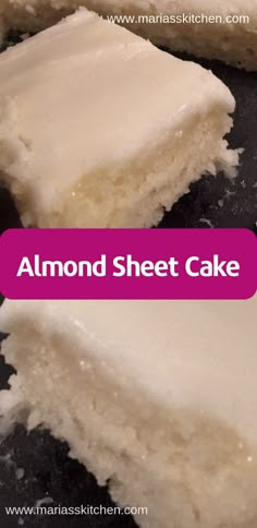 there is a piece of cake with white frosting on it and the words almond sheet cake