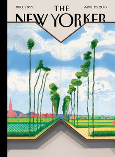 an advertisement for the new yorker magazine with palm trees and fields in the background