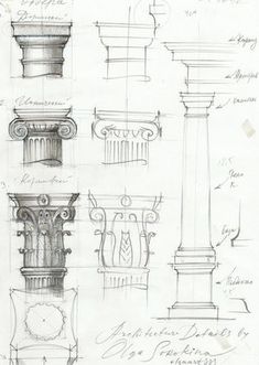 some drawings of different types of columns and pillars, all in various shapes and sizes