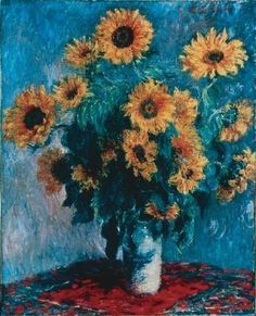 a painting of sunflowers in a vase on a table