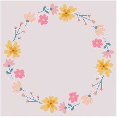 a cross stitch pattern with flowers and leaves in the center on a light pink background