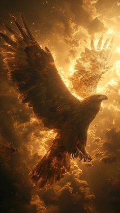 an eagle flying through the sky with clouds in the background and sun shining down on it