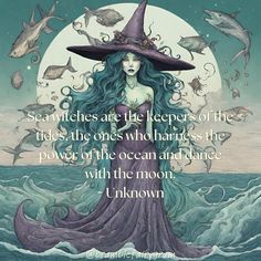 a woman with long hair wearing a witches hat and standing in the ocean under a full moon