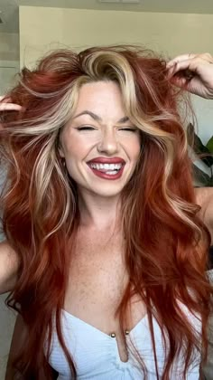 Redhead   • Red hair   • Red and blonde hair   • Red lip makeup   • Makeup ideas   • Big hair look Red And Blonde Hair, Red Hair With Blonde Highlights, Tan Skin Blonde Hair, Red To Blonde, Split Hair