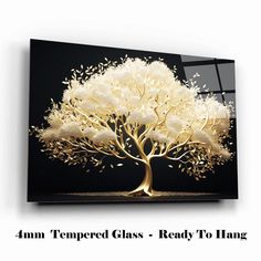 an illuminated tree with white leaves on it and the words, i am tempteded glass ready to hang