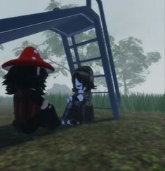 two animated characters sitting on the ground in front of a swing set and grass area