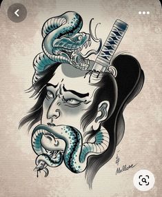 a drawing of a man with a snake on his head and a toothbrush in his mouth