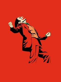 a man in a suit and tie with his arms out, on a red background