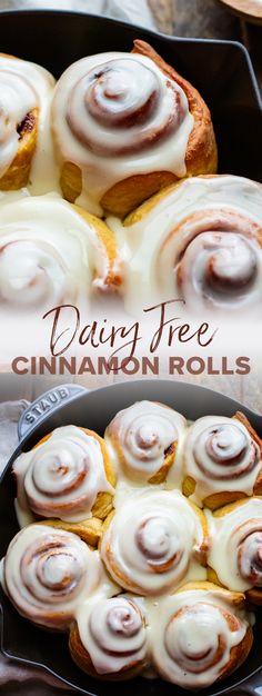 Cinnamon rolls in cast iron skillet with vegan cream cheese frosting over top. Dairy Free Cinnamon Rolls, Vegan Cream Cheese Frosting, Dairy Free Recipes Dessert, Dairy Free Baking, Dairy Free Cream Cheese, Vegan Cinnamon Rolls, Lactose Free Recipes, Vegan Cream, Holiday Brunch