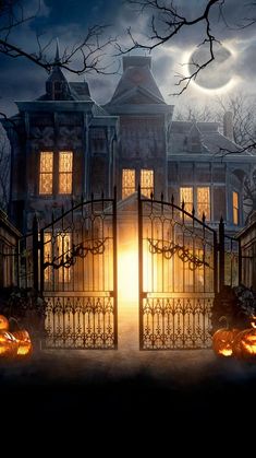 an image of a halloween scene with pumpkins in the foreground and a large house behind it