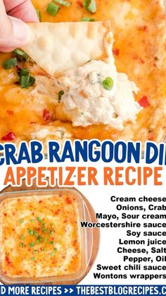 crab rangoon dip appetizer recipe in a casserole dish with text overlay