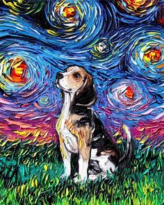 a painting of a dog sitting in the grass under a night sky with stars and swirls