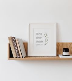 some books are sitting on a wooden shelf