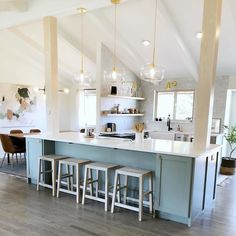 a kitchen with an island and stools in it