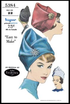 Patron Vintage, Fabric Sewing Patterns, Hat Patterns To Sew, Pixie Hat, Vogue Sewing Patterns, Millinery Hats, Retro Mode, Love Hat, Vintage Hat