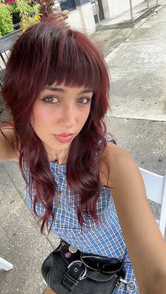 long red hair, shag hairstyle, cherry red hair bangs Red Brown Shag Hair, Ginger Hair Fits, Shaggy Red Hair With Bangs, Red Winter Hair, Red Hair In The Sun, Dark Hair Dyed Red, Dark Ginger Red Hair, Wine Red Hair With Bangs, Red Hair Over Brown