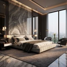 a modern bedroom with marble walls and flooring