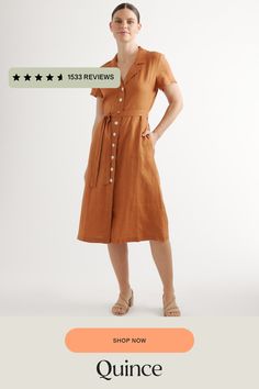 This midi linen dress should be in every wardrobe. Made from 100% organic linen and designed to be versatile, with elegant buttons down the front, and two pockets at the waist, and adjustable removable belt for the perfect fit.  | Quince | Women's Short Sleeve Dress in Terracotta, Size XL, Linen Fitted Belted Linen Dress, Relaxed Fit Linen Button-up Dress, Summer Midi Dress With Buttoned Pockets, Fitted Linen Shirt Dress With Pockets, Linen Shirt Dress With Button Closure For Work, Casual Linen Midi Dress With Buttons, Belted Midi Linen Dress For Work, Relaxed Fit Midi Dress With Buttons, Fitted Linen Button-up Midi Dress