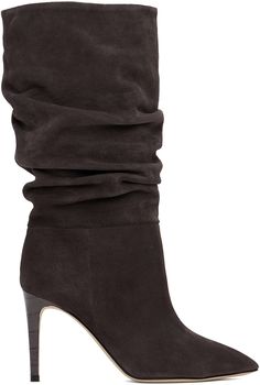 Ankle-high calfskin suede boots in brown. Gathering throughout. · Pointed toe · Grained leather lining · Covered stiletto heel with rubber injection · Leather sole · Heel: H3.5 in Supplier color: Smoke Luxury Zara Calf Leather Boots, Luxury Zara Boots For Office, Zara Luxury Fitted Boots, Shoe Lookbook, Brown Slouchy Boots, Collage Clothes, Virtual Wishlist, Suede Boots Outfit, Pink Nike Shoes