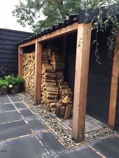 a large pile of wood sitting in front of a building