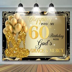 a 50th birthday party sign with gold balloons and sparkles on the number sixtyth