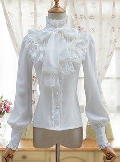 Retro Stand Collar Bowknot Tie Lolita Lantern Sleeve Shirt High Neck Long Dress, Long Sleeve Chiffon Shirt, Ladies Chiffon Shirts, Vestidos Retro, Ruffle Long Sleeve Blouse, Chiffon Shirt Blouse, Feminine Blouses, Elegant Blouses, Chiffon Long Sleeve