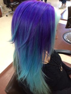 Hair by Bonnie Haydon. Purple and blue. Color melt. #hairstylistbonnie1 Hair Color Melting, Purple And Blue Hair Ombre, Light Blue And Purple Hair, Red Blue And Purple Hair, Purple To Blue Hair, Purple Teal Hair, Mermaid Blue Hair, Purple And Blue Hair Color Ideas, Purple And Teal Hair