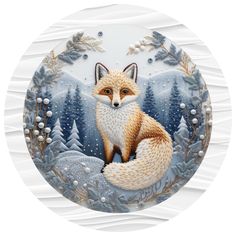 a painting of a fox sitting on top of a snow covered ground with trees in the background