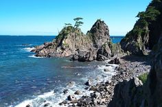 some rocks water and trees on a sunny day by the ocean with blue skies in the background